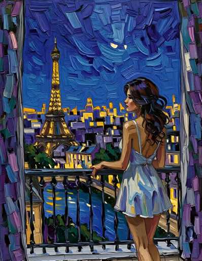 The image depicts a woman standing on a balcony with her back to the viewer, looking out at the Eiffel Tower and the city of Paris below. The painting is executed in an impressionistic style, characterized by loose brushstrokes that capture the essence of the scene rather than focusing on minute details.