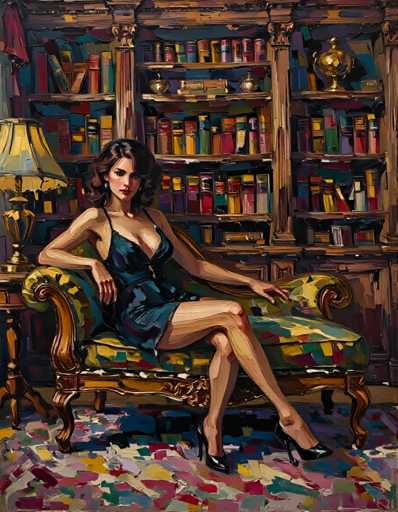 A woman is seated on a green armchair with gold trim and black high heels, wearing a blue dress that matches the color of her hair. The room has wooden floors and walls adorned with bookshelves filled with colorful books.
