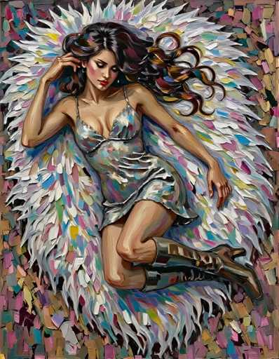 The image depicts a woman with long brown hair and dark skin lying on her back with her legs crossed over each other. She is wearing a silver dress that has white feathers attached to it, giving the impression of wings. The background features a mosaic pattern in shades of pink, blue, green, and yellow.