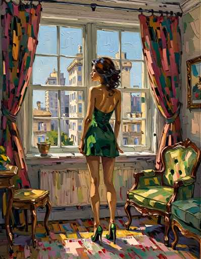 A woman dressed in a green dress stands on a colorful rug in front of a window with pink curtains and a painting hanging above it. The room has wooden furniture and a green armchair.