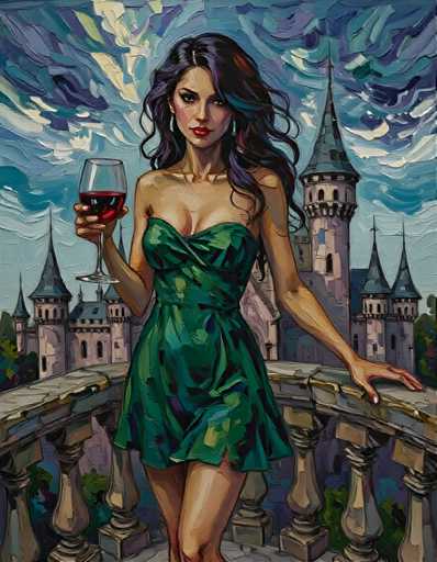 A woman is standing on a balcony with her hand on her hip and holding a glass of red wine. The balcony overlooks a castle-like structure that has multiple towers and turrets.