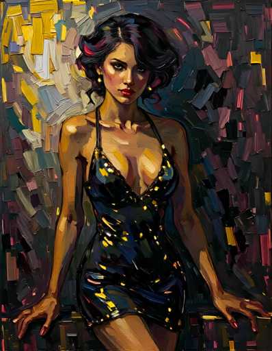A woman is depicted wearing a black dress with gold accents and has her arms crossed over her chest. The background features a dark purple color scheme with splashes of yellow and pink.
