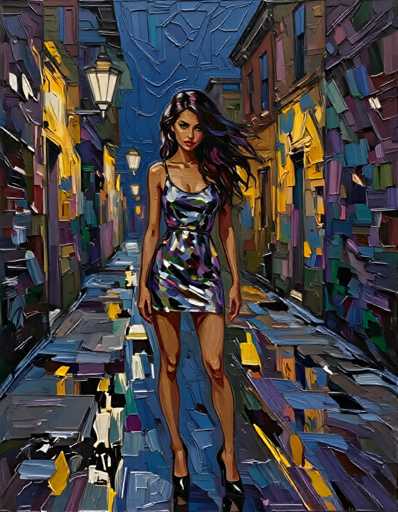 The image depicts a woman walking down a city street at night. She is wearing a blue and purple dress with black heels. The background features buildings painted in various colors of purple, green, yellow, and white, creating an impressionistic style reminiscent of the work of the French impressionist artist, Claude Monet.