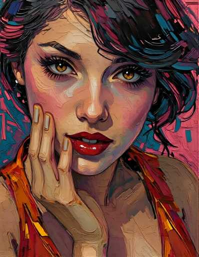 The image depicts an illustration of a woman with striking red lips and eyes, set against a vibrant pink background adorned with blue and green splashes. The artist's signature is subtly placed at the bottom right corner.