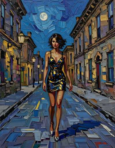 The image depicts a woman walking down a city street at night. She is wearing a black dress and white heels, adding elegance to her appearance. The background features buildings with windows that reflect the moonlight, creating an atmospheric scene. The artist's signature can be seen in the bottom right corner of the painting.