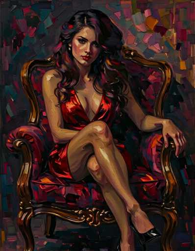 The image depicts an oil painting featuring a woman sitting on a red chair with gold accents and wearing a red dress. The background is a dark blue color with pink and purple hues scattered throughout the scene.
