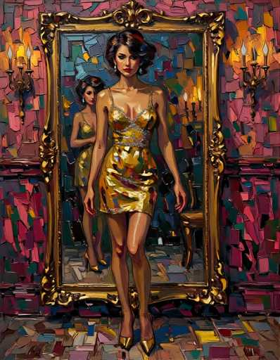 The image depicts two women standing side by side against a backdrop featuring a mosaic wall with pink and blue tiles arranged in an abstract pattern. The woman on the left is wearing a gold dress and heels, while her companion on the right is dressed in a black dress and heels. They are positioned in front of a mirror that reflects their image back at them, creating a symmetrical composition.