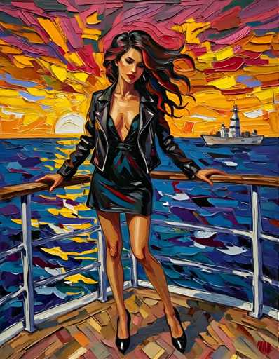 The image depicts a woman standing on a balcony overlooking the ocean at sunset. She is wearing a black dress and has her hair styled in loose waves. The sky above them is painted with hues of orange and pink, creating a warm and inviting atmosphere. In the background, there are two ships - one larger ship and one smaller boat.