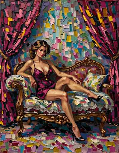 The image depicts a woman sitting on a gold-colored couch with her legs crossed and wearing a purple dress. The background features a pink curtain and a colorful mosaic patterned wall.
