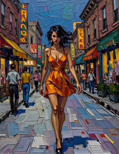The image depicts a woman walking down a city street at night. She is wearing an orange dress and carrying a black purse. The street is lined with buildings on both sides, including shops and restaurants that have colorful signs. There are several other people visible in the scene, some of whom appear to be walking or standing near the buildings.