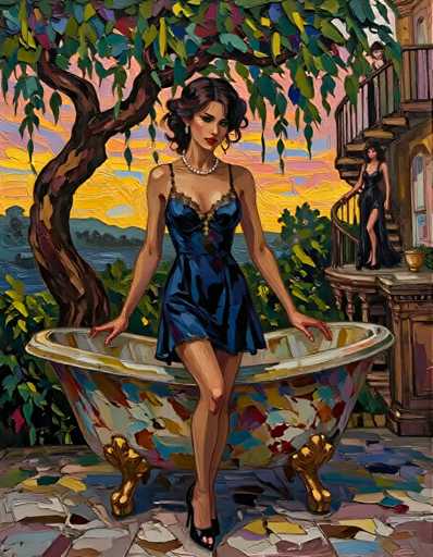 The image depicts two women standing next to a bathtub filled with water and flowers. The woman on the left is wearing a blue dress and has her hair styled in an updo. The other woman is dressed in a black dress and stands near a balcony. The background features trees, suggesting that they are in a garden or park setting.
