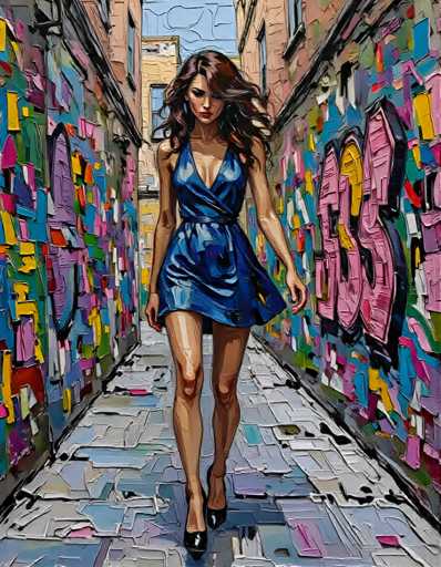 The image depicts a woman walking down an alleyway adorned with colorful graffiti on the walls. The woman is wearing a blue dress and black heels as she strides confidently towards the right side of the frame.