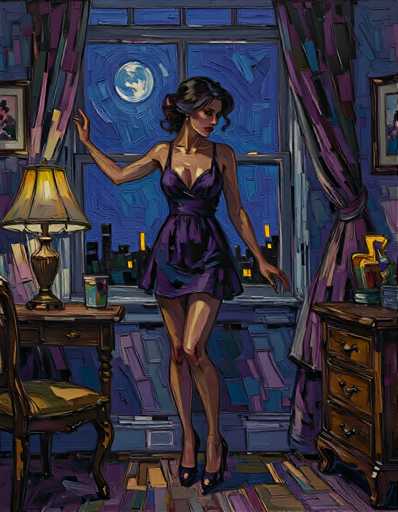 A woman stands on her tiptoes next to a window with a view of the city skyline at night. She is wearing a purple dress and black heels. The room has a wooden floor and a desk with a lamp in front of it.
