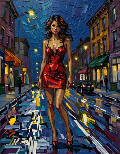 The image depicts a woman walking down a city street at night. She is wearing a red dress and high heels, adding a touch of elegance to the scene. The background shows buildings lining both sides of the street, with their windows illuminated by warm yellow lights that cast a soft glow on the scene. A car can be seen parked on the right side of the street, contributing to the urban atmosphere.