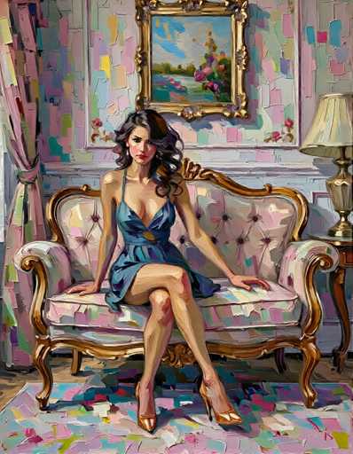 A woman is seated on an ornate gold and white couch in a room with pink walls and a painting of flowers above the couch. The woman is wearing a blue dress and high heels.