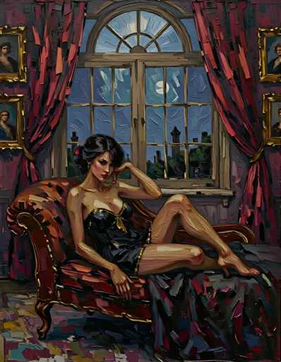 The image depicts an oil painting featuring a woman sitting on a red chair with her legs crossed and her head resting on her hand. The background shows a window with curtains that allow light to enter the room, creating a serene atmosphere. The painting is executed in a realistic style, capturing the details of the scene with precision.