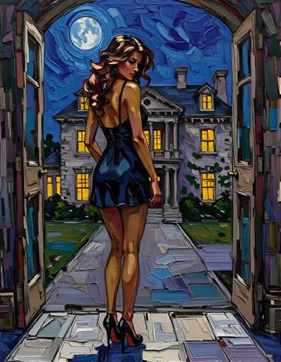 The image depicts a woman standing on a sidewalk in front of an open doorway leading into a house with large windows and a chimney. The woman is wearing a black dress and high heels, suggesting she may be attending a formal event or simply enjoying a night out.