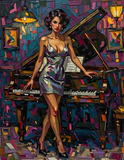 A woman is standing next to a grand piano in an art gallery. She is wearing a silver dress and black heels. The painting features a mosaic of colorful shapes that create the background and foreground elements.