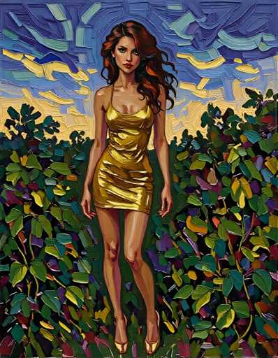 A woman is standing in front of a field with trees and bushes, wearing a gold dress that matches the colors of the sky above her.