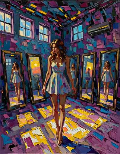The image depicts a woman wearing a white dress and heels walking through an art gallery with her reflection visible in multiple mirrors on the walls. The room is filled with colorful paintings that add to the artistic atmosphere of the space.