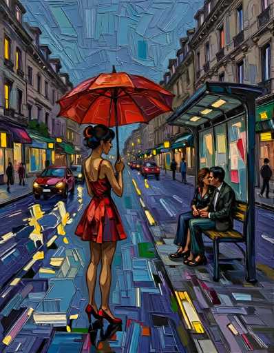 A woman in a red dress stands on a wet city street holding an umbrella and looking at the camera with a smile. The street is lined with buildings of various sizes and colors, and cars can be seen driving by. A man and a woman are sitting on a bench nearby, engaged in conversation.