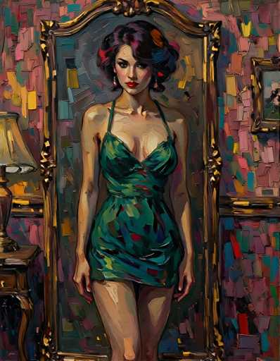 A woman is standing in front of a mirror with her back turned towards the viewer. She is wearing a green dress and has red hair styled in an updo. The room behind her features a pink wall adorned with gold accents, including a lamp on a table next to it.