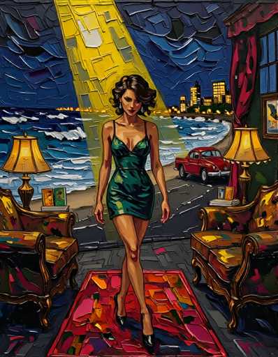 The image depicts a woman wearing a green dress walking on a red carpet towards the ocean. The setting is an indoor space with two chairs and a lamp, suggesting it could be a restaurant or a similar establishment. The painting style is realistic, focusing on capturing the details of the scene, including the colors and textures.