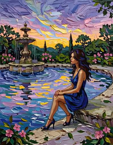 A woman is sitting on a stone wall next to a fountain, wearing a blue dress and holding her hair back with a hair clip. The fountain has water cascading down it, creating a beautiful reflection that mirrors the sky above. The scene is set against a backdrop of trees and pink flowers, suggesting an outdoor setting during sunset or dusk.