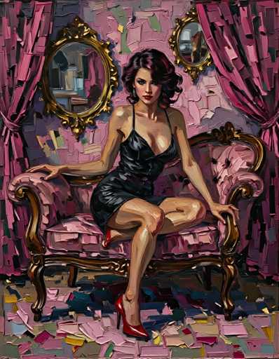 A woman is seated on an ornate pink couch with gold accents and red high heels. The painting features a pink wall with two mirrors above the couch, creating a sense of depth and space in the room.