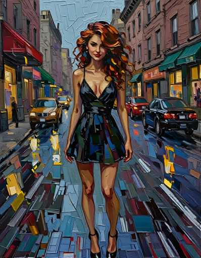 A woman with red hair is walking down a city street at night, wearing a black dress and high heels. The street is lined with buildings on both sides, including shops and restaurants, creating an urban atmosphere. Cars are parked along the street, suggesting that it's a busy area.