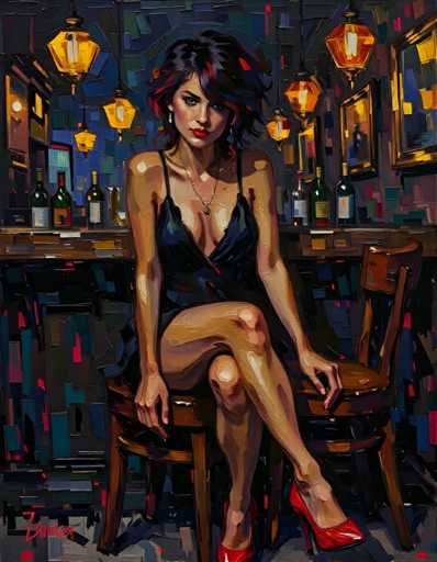 The image depicts a woman sitting on a wooden chair with her legs crossed and wearing a black dress. The background features a bar counter filled with wine bottles and glasses, suggesting the setting is likely a bar or restaurant.