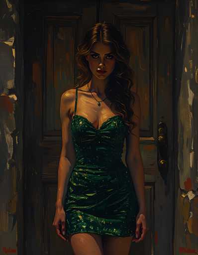 A woman is standing in front of a door with her back turned towards the viewer. She is wearing a green dress and has long brown hair that falls over her shoulders. The background features a wooden door with a gold handle and a window on the right side of the image.