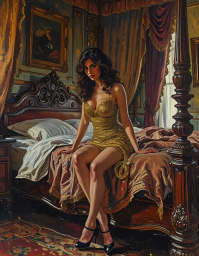 A woman is sitting on a bed with her legs crossed and wearing a gold dress. The room has a wooden headboard and a window with curtains that allows natural light into the space.