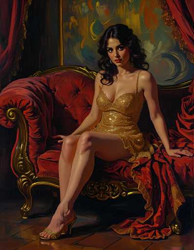 A woman is seated on a red velvet couch with gold accents and a gold-colored curtain behind her. She is wearing a gold dress that matches the color of the couch. The painting features a woman in a gold dress sitting on a red couch against a backdrop of an abstract painting, which has splashes of yellow and blue colors.
