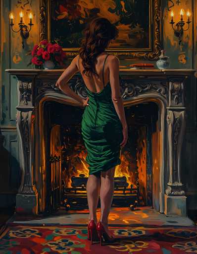 A woman stands in front of a fireplace with a painting on the wall behind her and red shoes on the floor next to her.