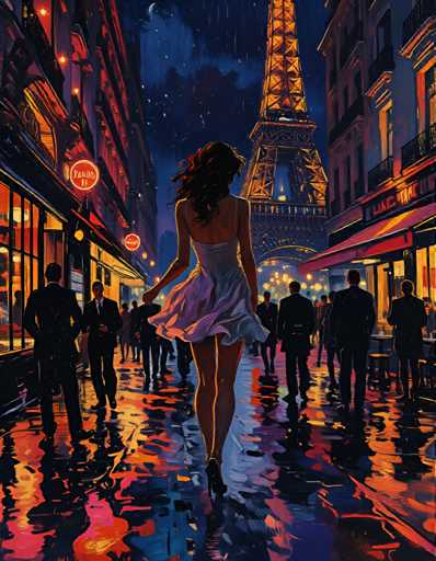 The image depicts a woman walking down a wet city street at night, wearing a white dress and holding an umbrella. The scene is illuminated by the lights of the Eiffel Tower and other buildings in the background.