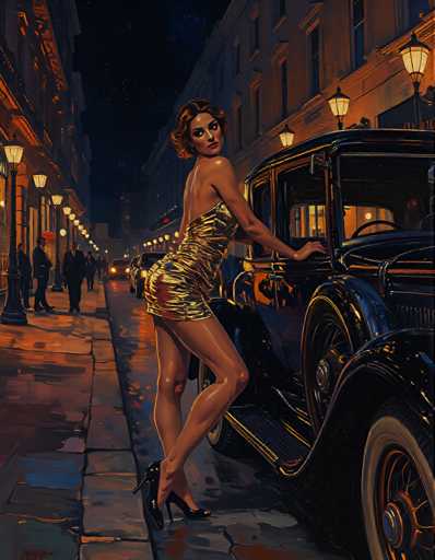 The image depicts a woman standing next to an old car on a city street at night. The woman is wearing a gold dress and high heels, adding elegance to the scene. The car has a black exterior with white trim, giving it a classic and timeless appearance. In the background, there are buildings lining the street, providing context for the location of the image.