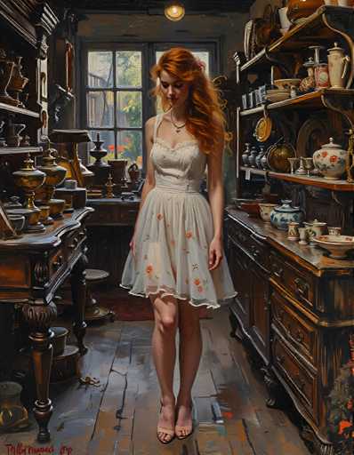 A woman with red hair and a white dress stands in front of a wooden cabinet filled with various objects including vases and bowls on a shelf above her head.