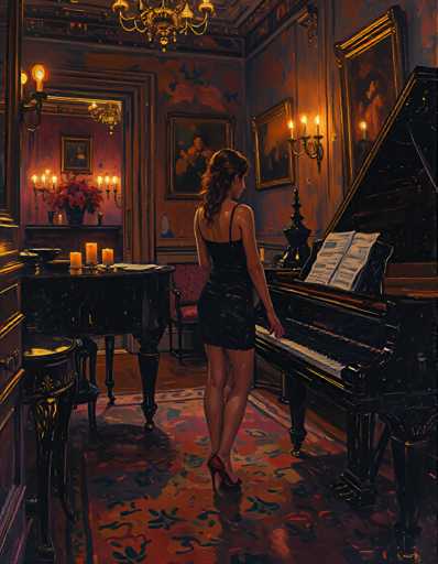A woman dressed in a black dress stands in front of an ornate piano with gold accents and a large mirror above it, holding sheet music. The room is dimly lit by candles on the table next to her, creating a warm and intimate atmosphere.