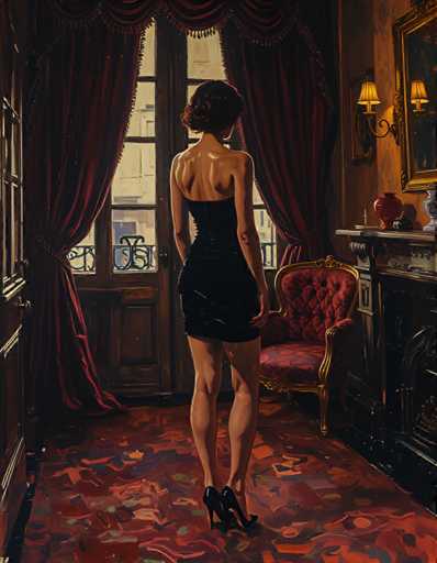 A woman stands in front of a window with red curtains and gold accents, wearing a black dress and heels. The room is filled with various pieces of furniture including a chair and a fireplace.