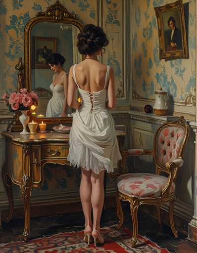 A woman is standing in front of a mirror with her back turned towards the camera. She is wearing a white dress and high heels. The room has a floral wallpaper and a gold-colored chair. A painting of a man can be seen on the wall behind the woman.