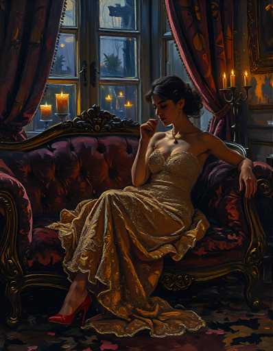 A woman is seated on an ornate red couch with a gold and red patterned cushion. She is wearing a long, flowing gold dress that cascades down to her feet. The room has large windows draped in dark curtains, allowing soft light to filter into the space. A chandelier hangs from the ceiling, casting a warm glow throughout the room.