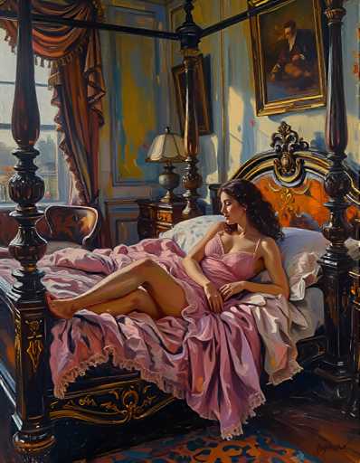 The image depicts a woman lying on her stomach on a bed with a pink blanket and white pillow. The room has a wooden floor and is decorated with paintings hanging on the walls. One of these paintings features a portrait of a man in a suit.