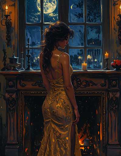 A woman stands by a fireplace with candles and fruit on a table next to the window. She is wearing an elegant gold dress that matches the warm tones of the room. The painting features a dark color palette and a detailed depiction of the scene.