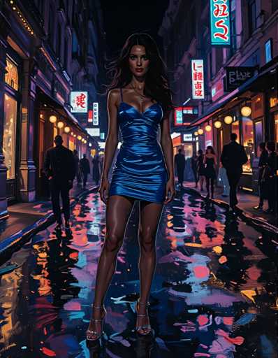 The image depicts a woman standing on a wet city street at night, wearing a blue dress and heels. The street is lined with neon signs and buildings, creating an urban atmosphere. There are other people walking along the sidewalk in the background.