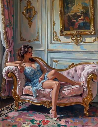 The image depicts a woman sitting on a pink couch with her legs crossed and wearing a blue dress. The room has gold accents and features a painting of a woman on the wall behind the couch.