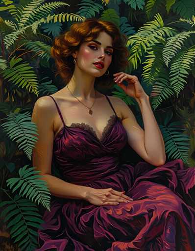 A woman with red hair and a purple dress is seated on a bench surrounded by lush green ferns.