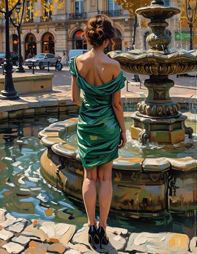 A woman stands in front of a fountain on a cobblestone street, wearing a green dress and black heels. The fountain is surrounded by trees with yellow leaves, suggesting the season to be autumn.