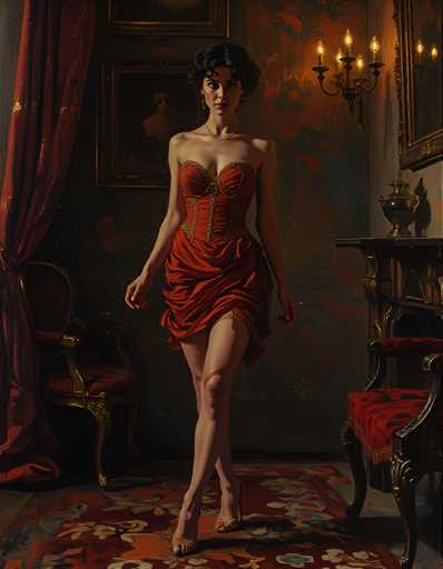 A woman stands confidently on a red carpeted floor in front of a mirror with gold-framed pictures hanging above it. She is wearing an elegant red dress and high heels. The room has dark wood furniture and a chandelier that casts a warm glow throughout the space, creating an atmosphere of sophistication and luxury.