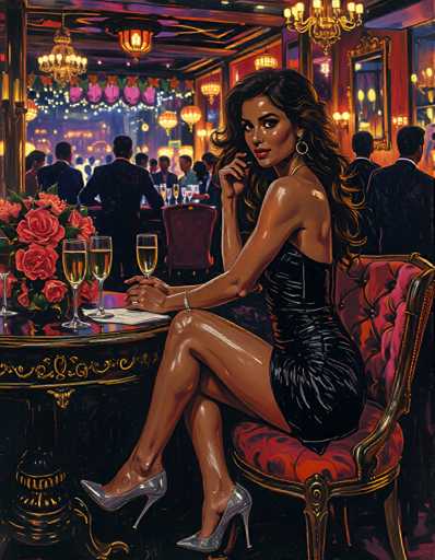A woman is seated at a table with wine glasses and flowers on it. She is wearing a black dress and heels. The background shows other people sitting at tables, suggesting this could be a restaurant or bar setting.